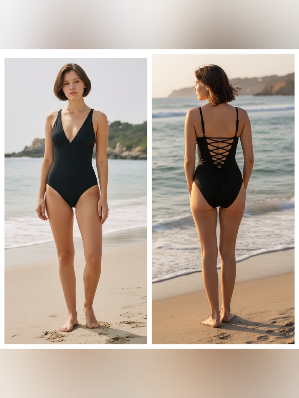TA3 Black Plungey One Piece Swimsuit Large Short Lace Up Back NWT